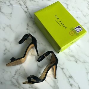 Ted Baker “Juliennas” black suede/gold metal heels